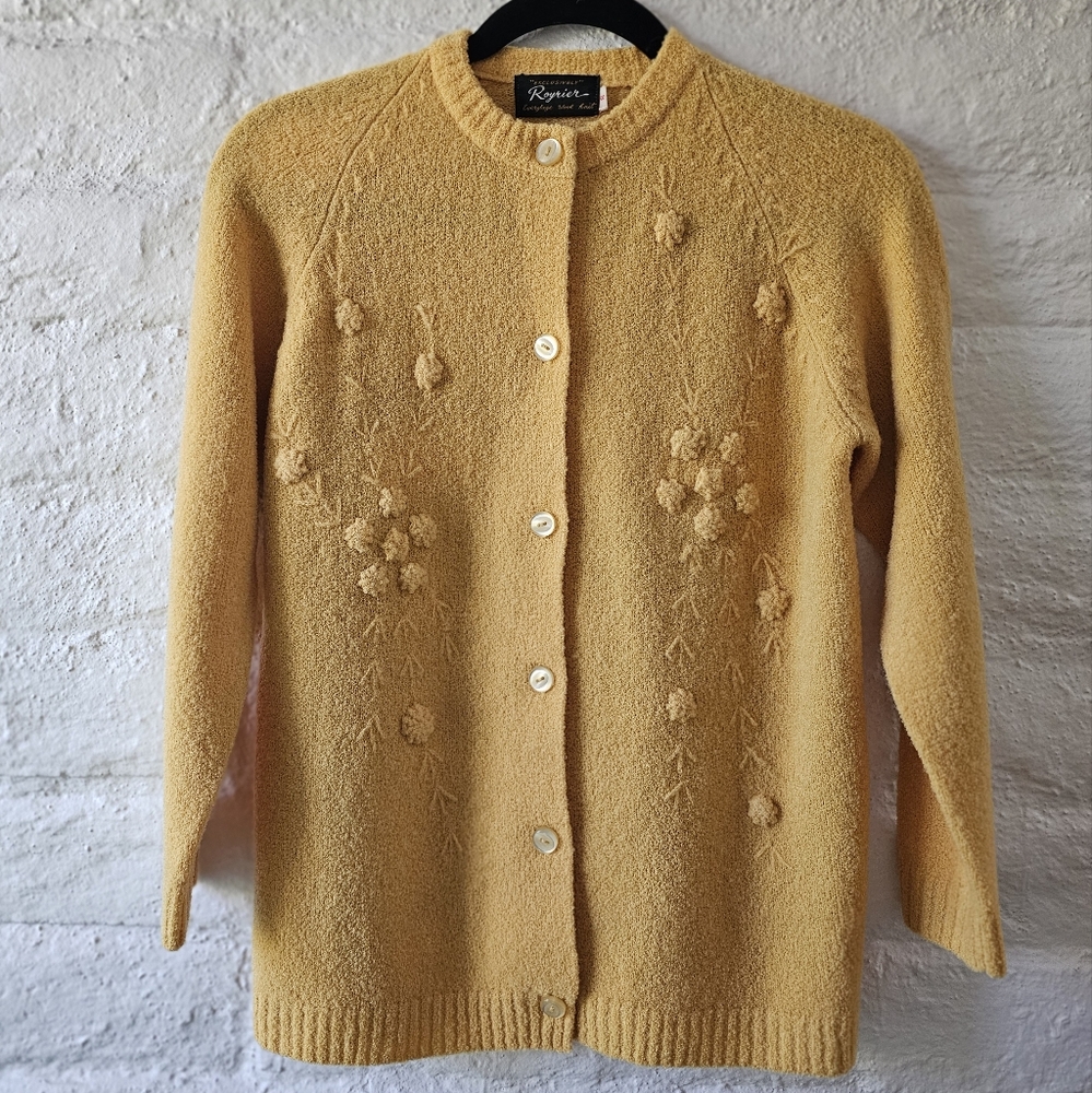 VTG WOOL Round Neck Floral Knit Cardigan Sz S - Picture 11 of 11